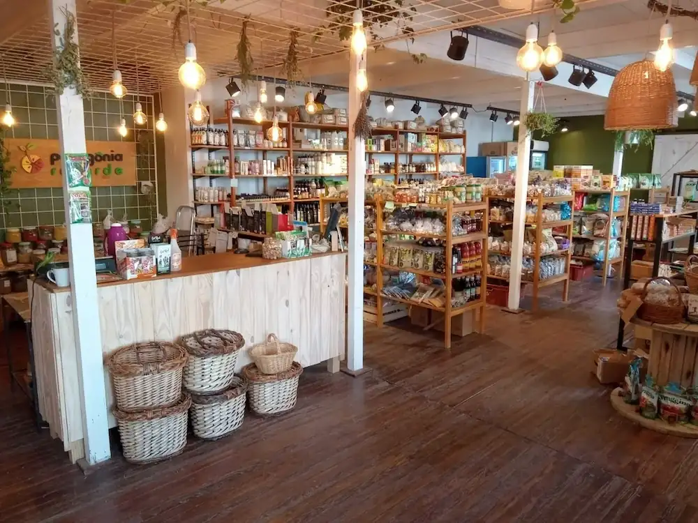 Interior del almacén natural Patagonia Reverde con estanterías de productos